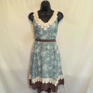 H-158 Anthropologie Ryu Green & White Floral Lace Trim MIDI Summer Dress Size L‎